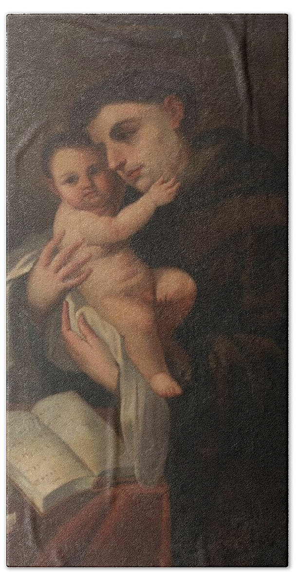 Anonymous Beach Towel featuring the painting 'Saint Anthony of Padua with the Infant Christ'. Ca. 1850. Oil on canvas. by Anonymous