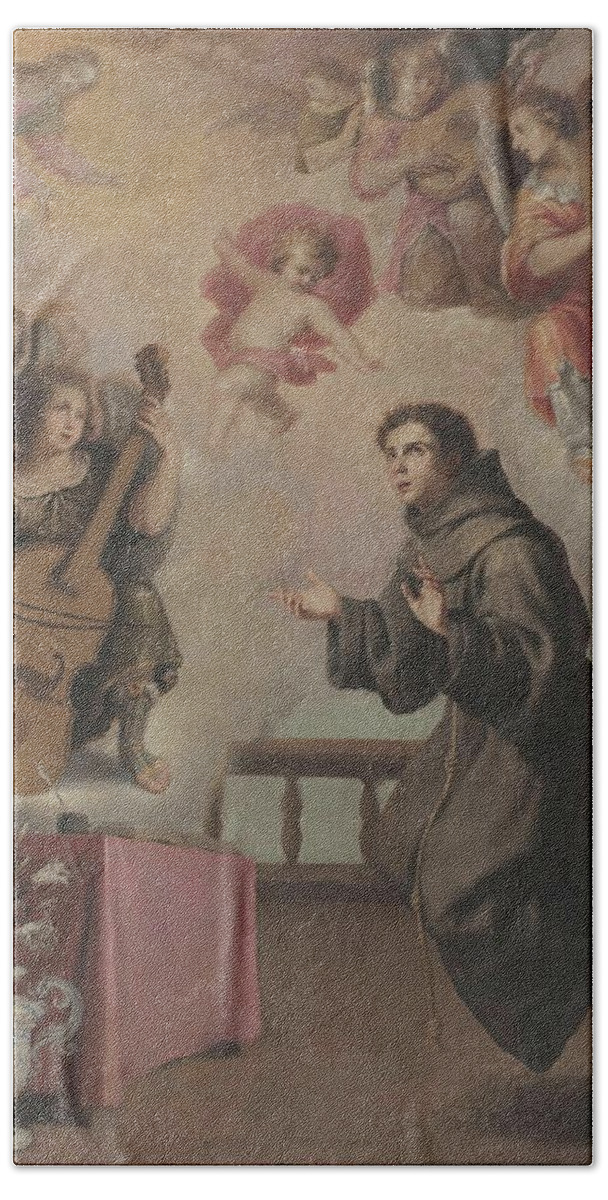 1601 Beach Towel featuring the painting 'Saint Anthony of Padua'. XVII century. Oil on canvas. by Pedro De Obregon El Joven