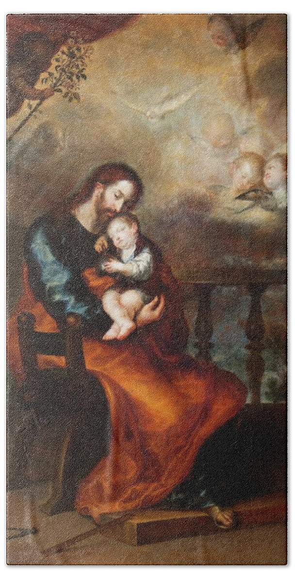Camilo Francisco Beach Towel featuring the painting 'Saint Joseph with the Christ Child Sleeping in his Arms'. 1652. Oil on canvas. by Francisco Camilo -1615-1673-
