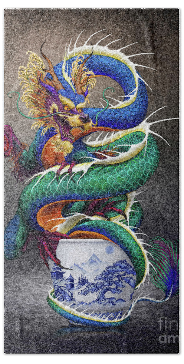 Sake Beach Towel featuring the digital art Sake Dragon by Stanley Morrison