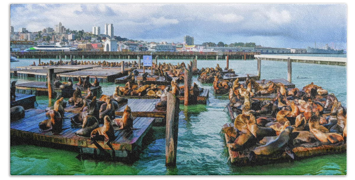 San Francisco Beach Towel featuring the painting San Francisco Pier 39 by Christopher Arndt