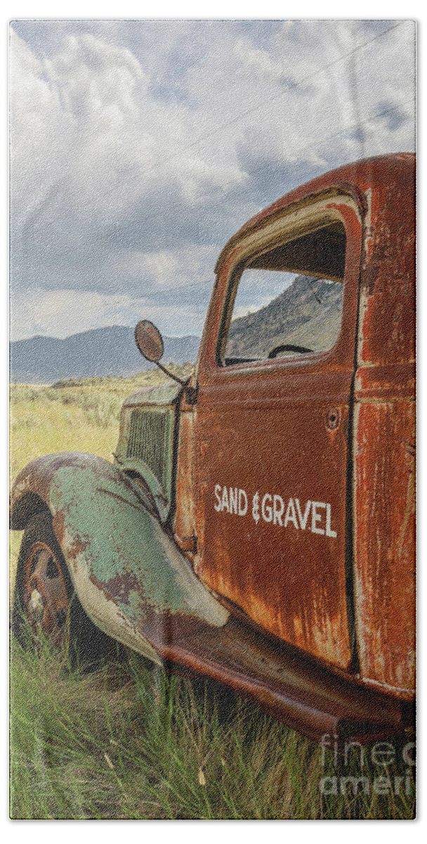 Vintage Truck Beach Towel featuring the photograph Sand and Gravel Vintage Truck West Yellowstone Montana by Edward Fielding