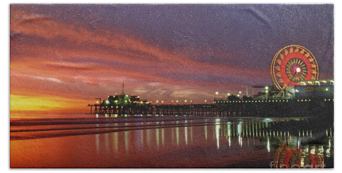 Santa Monica Ca Pacific Park Pier Beach Towel featuring the photograph Santa Monica Pier Lit at Night by David Zanzinger