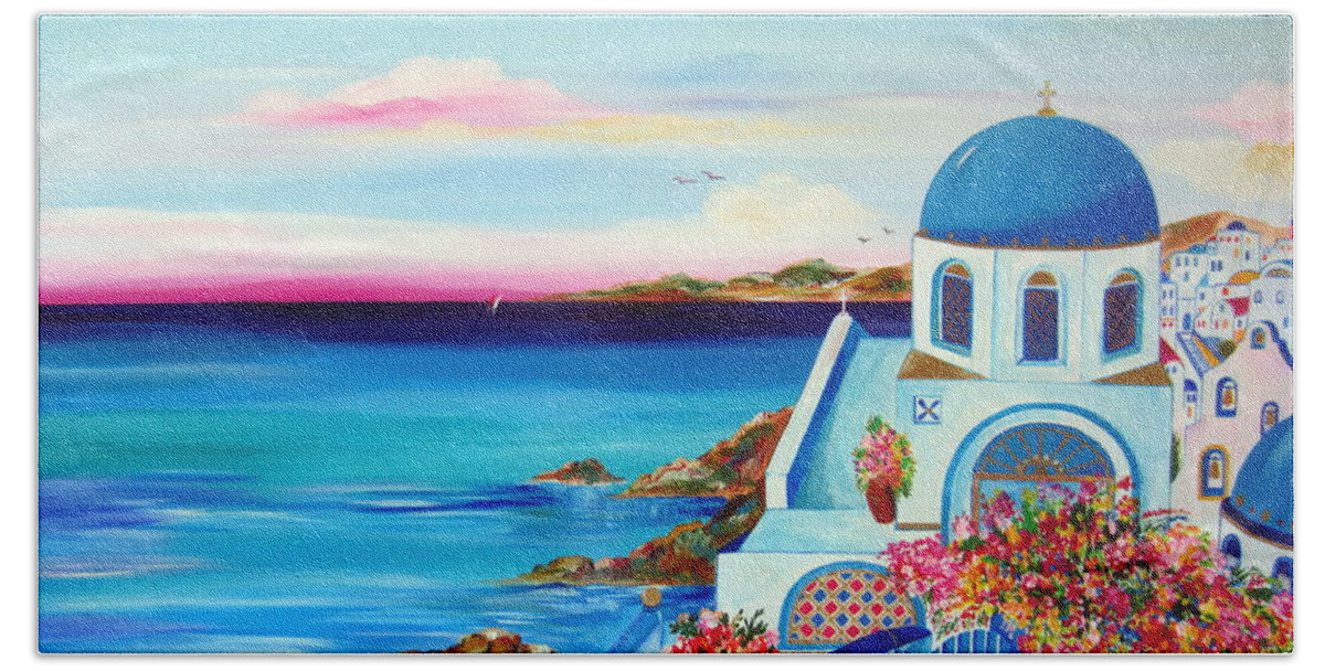 Greek Islands Beach Sheet featuring the painting Santorini Island Church by Roberto Gagliardi
