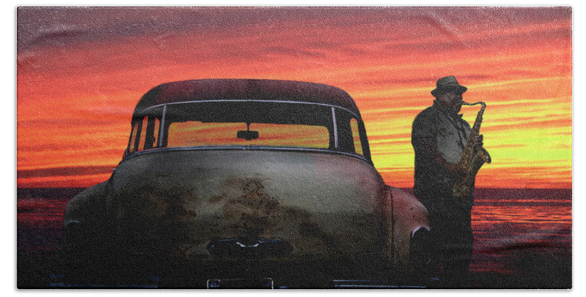 Transportation Beach Towel featuring the photograph Saxophone Player Pacific Ocean Sunset by Larry Butterworth