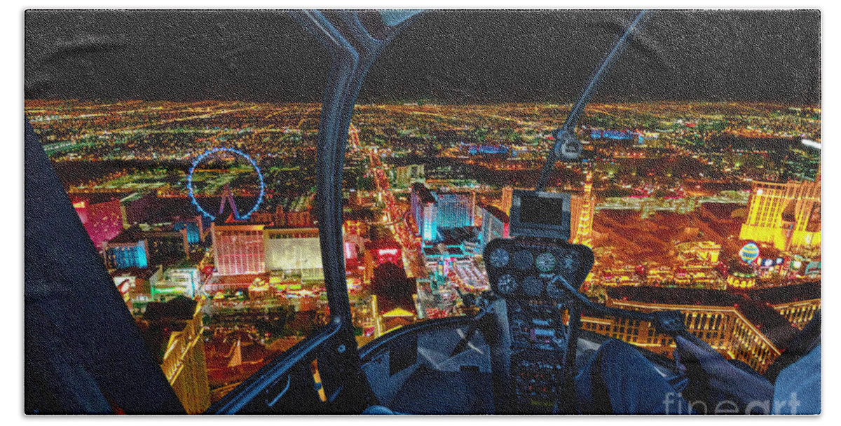Helicopter Beach Towel featuring the photograph Scenic flight on Las Vegas skyline by Benny Marty