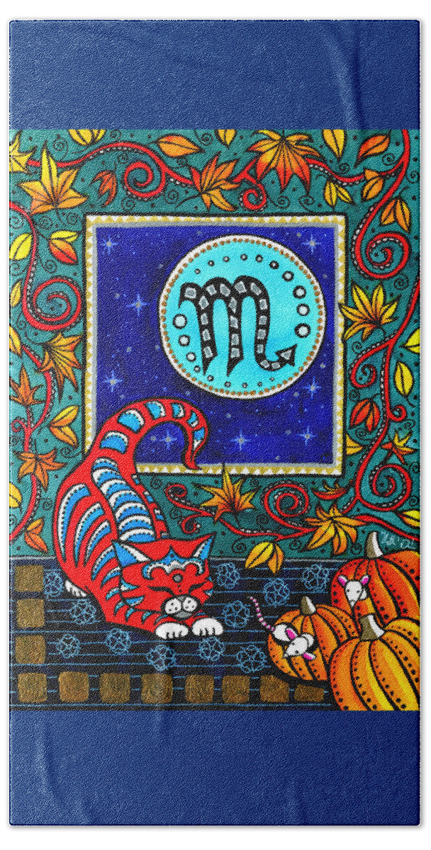 Scorpio Cat Zodiac Beach Towel featuring the painting Scorpio Cat Zodiac by Dora Hathazi Mendes