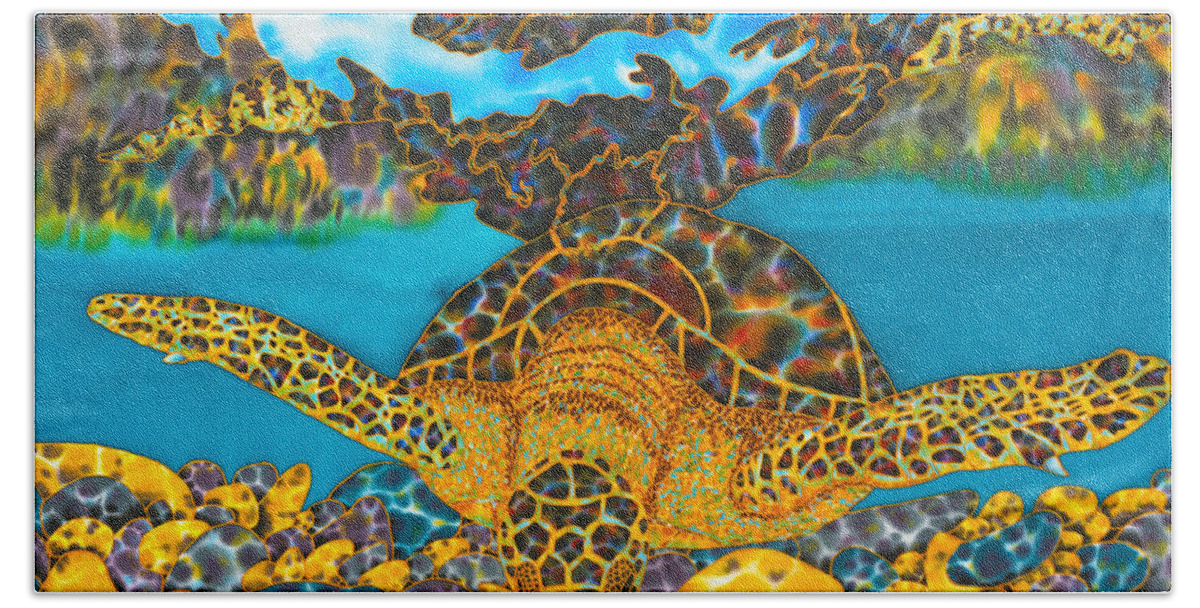 Sea Turtle Beach Towel featuring the painting Sea Turtle and Atlantic Cowrie Shell by Daniel Jean-Baptiste