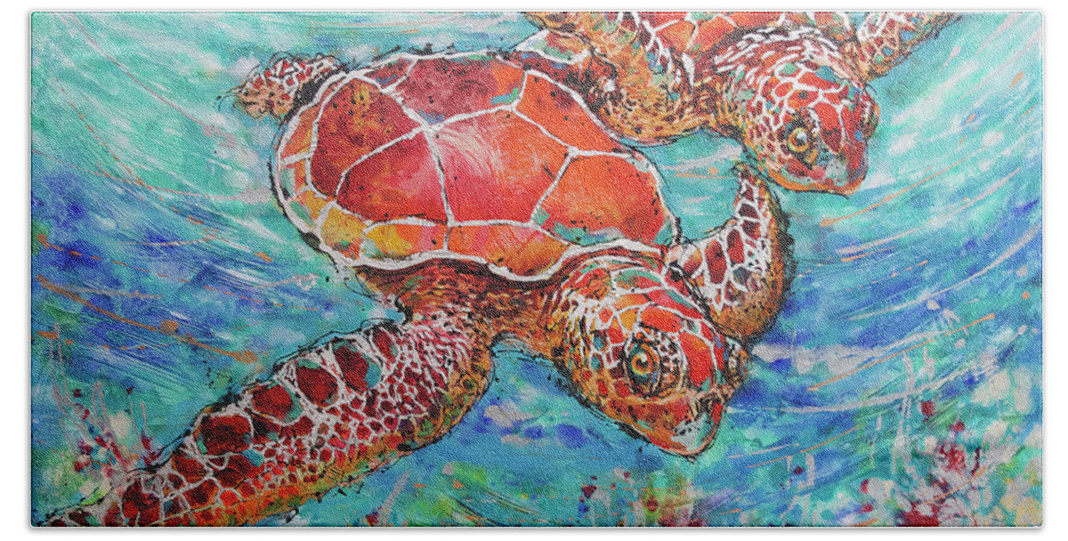 Marine Turtles Beach Towel featuring the painting Sea Turtles on Coral Reef by Jyotika Shroff