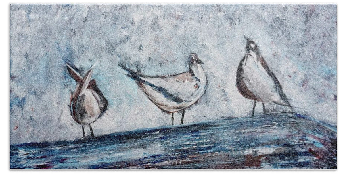 Seagulls Beach Towel featuring the painting Seagulls on a Roof by Patty Donoghue