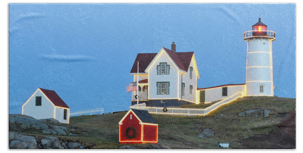 Nubble Lighthouse Beach Towel featuring the photograph Season's Greetings from The Nubble by Luke Moore
