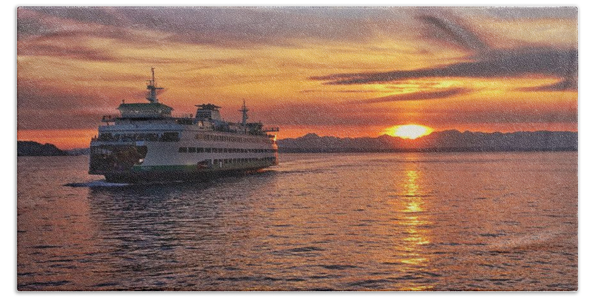 Seattle Beach Towel featuring the photograph Seattle Ferry at Sunset by Jerry Abbott