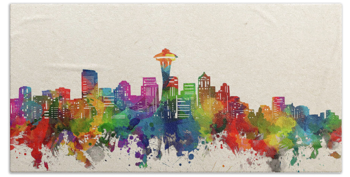 Seattle Beach Towel featuring the digital art Seattle Skyline Watercolor by Bekim M