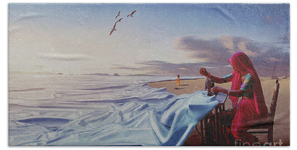 Surreal Beach Towel featuring the painting Sewing Sea by Gull G