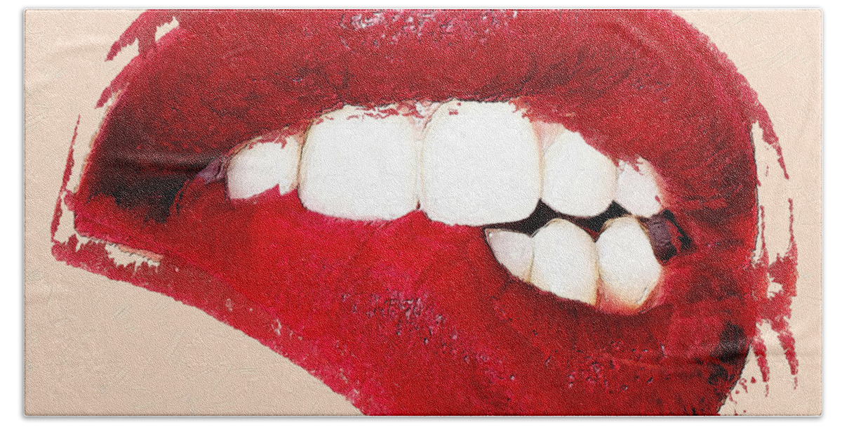 Metal Beach Towel featuring the painting Sexy Lip Bite Mouth Lipstick by Tony Rubino