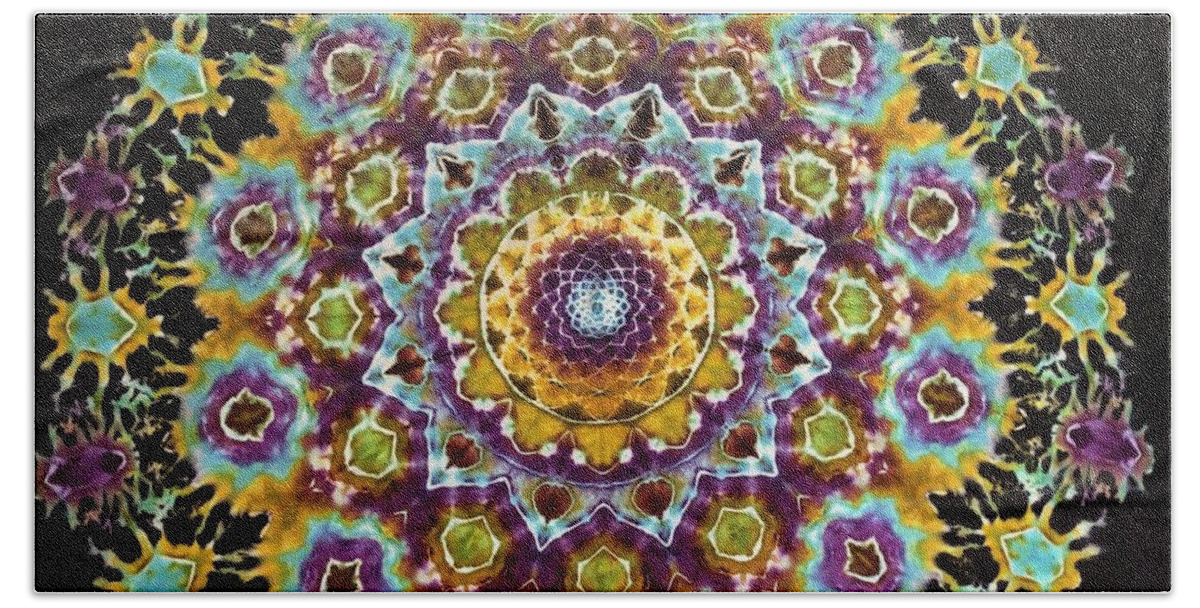 Rob Norwood Tie Dye Psychedelic Art Sacred Geometry Beach Towel featuring the digital art Share on by Rob Norwood