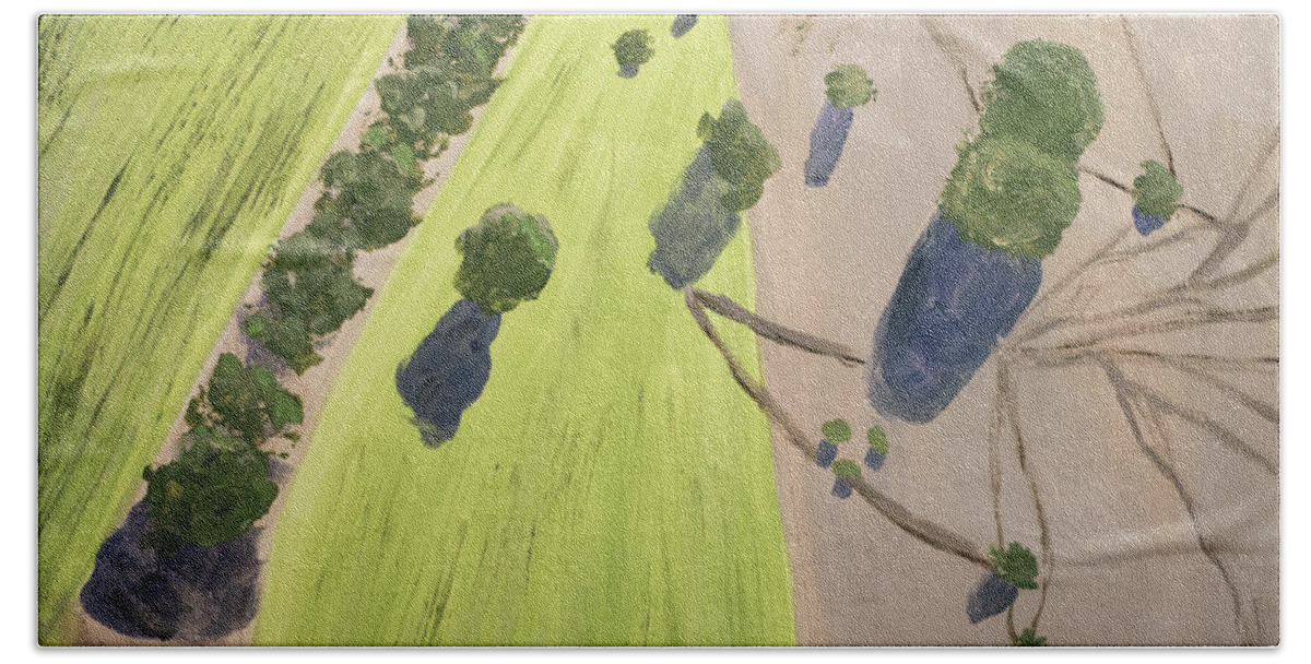 Aerial Beach Towel featuring the painting Sheep Tracks by Linda Lees