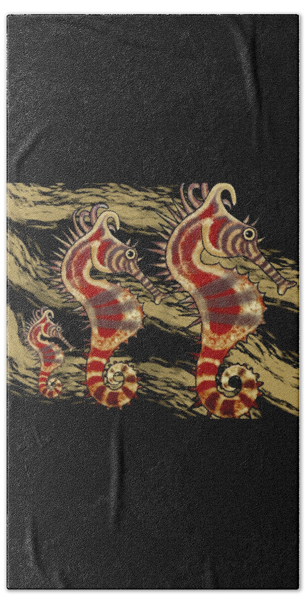 Seahorse Beach Towel featuring the mixed media Seahorses SheHorse Three on Black and Gold by Joan Stratton