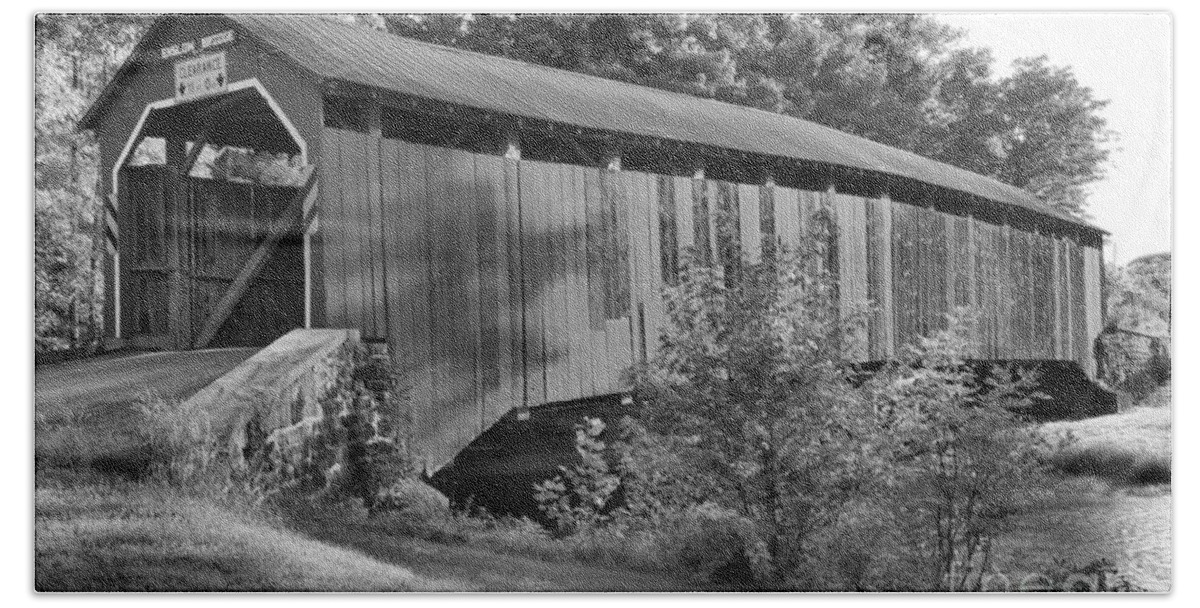Enslow Beach Towel featuring the photograph Sherman Creek Enslow Covered Bridge Black And White by Adam Jewell