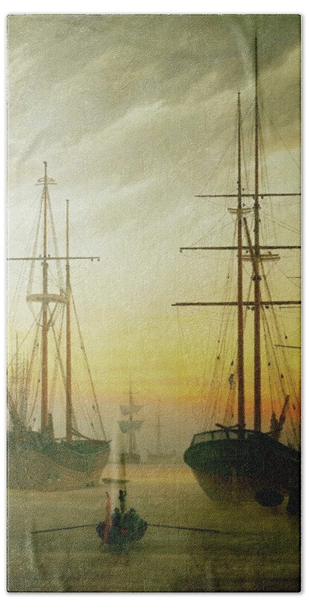 Caspar David Friedrich Beach Towel featuring the painting Ships in the harbour. Oil on canvas. by Caspar David Friedrich -1774-1840-