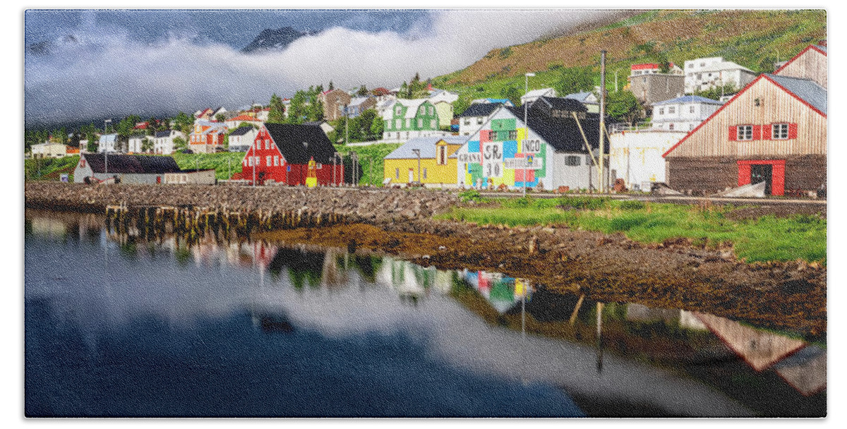 Iceland Beach Towel featuring the photograph Siglufjorour Harbor Houses by Tom Singleton