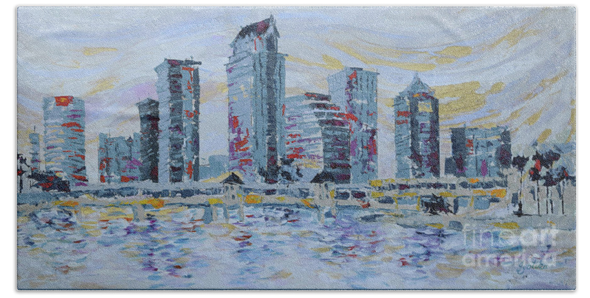Tampa Skyline Beach Towel featuring the painting Silvery Tampa Skyline by Jyotika Shroff