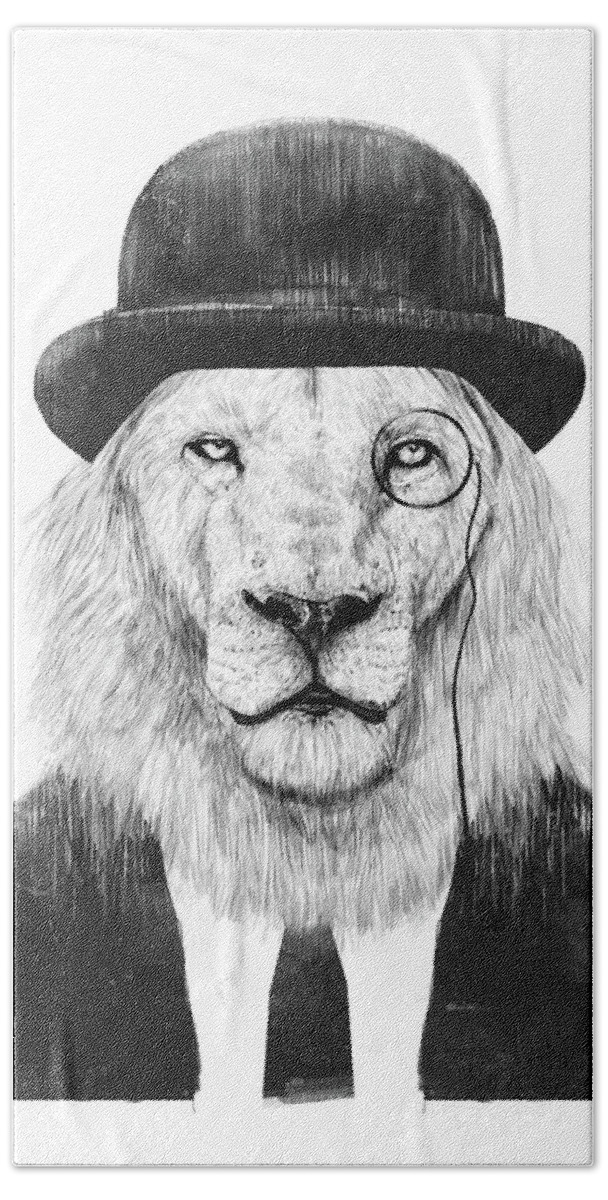Lion Beach Towel featuring the mixed media Sir lion by Balazs Solti