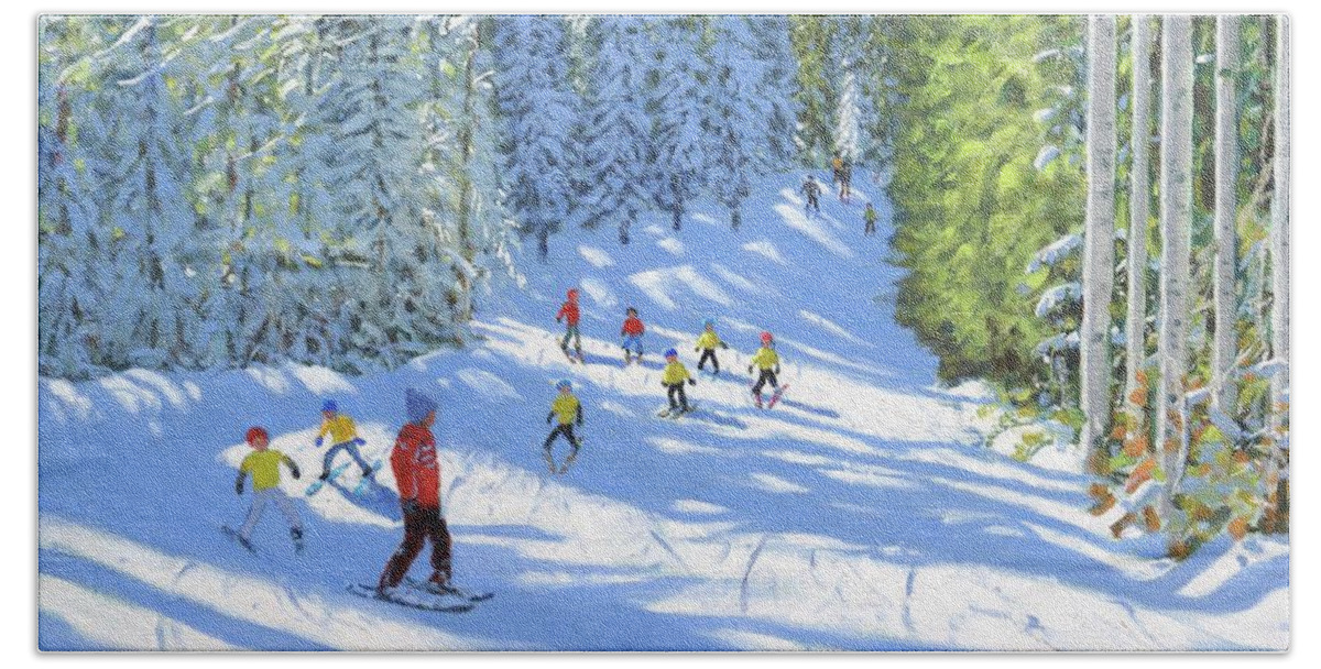 Winter Beach Towel featuring the painting Ski Lesson, Samoens, France by Andrew Macara