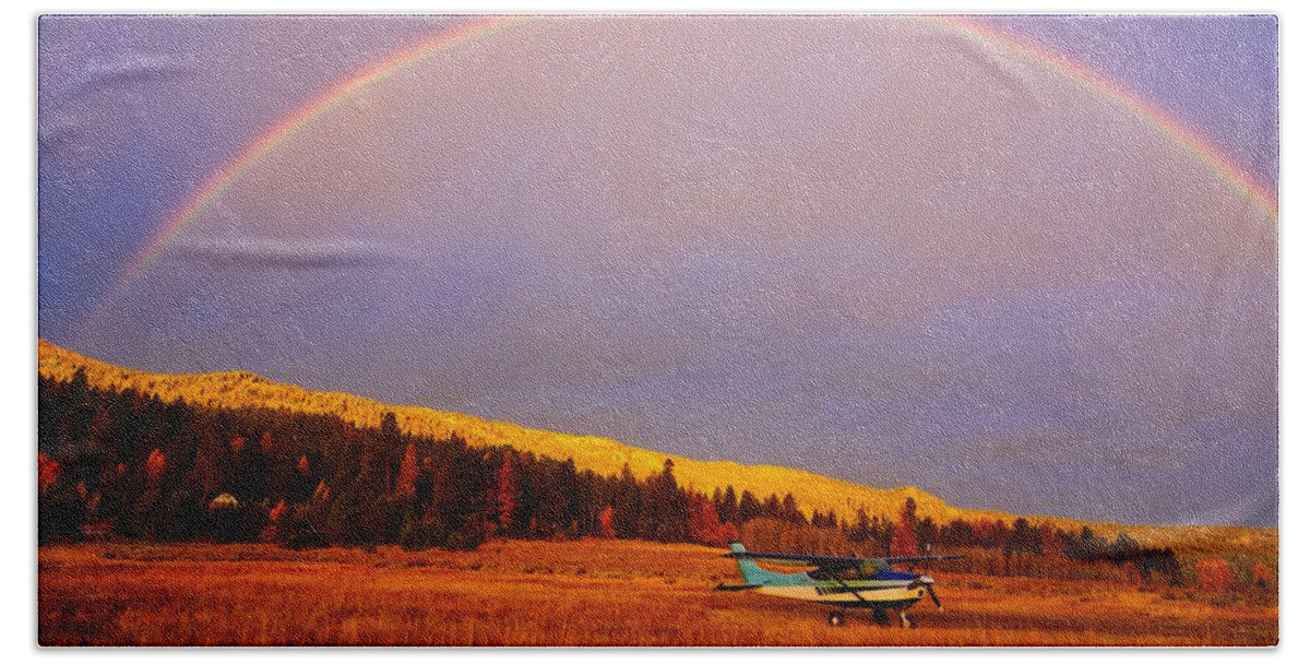 Cessna Beach Towel featuring the photograph Skylane Rainbow by Tom Gresham