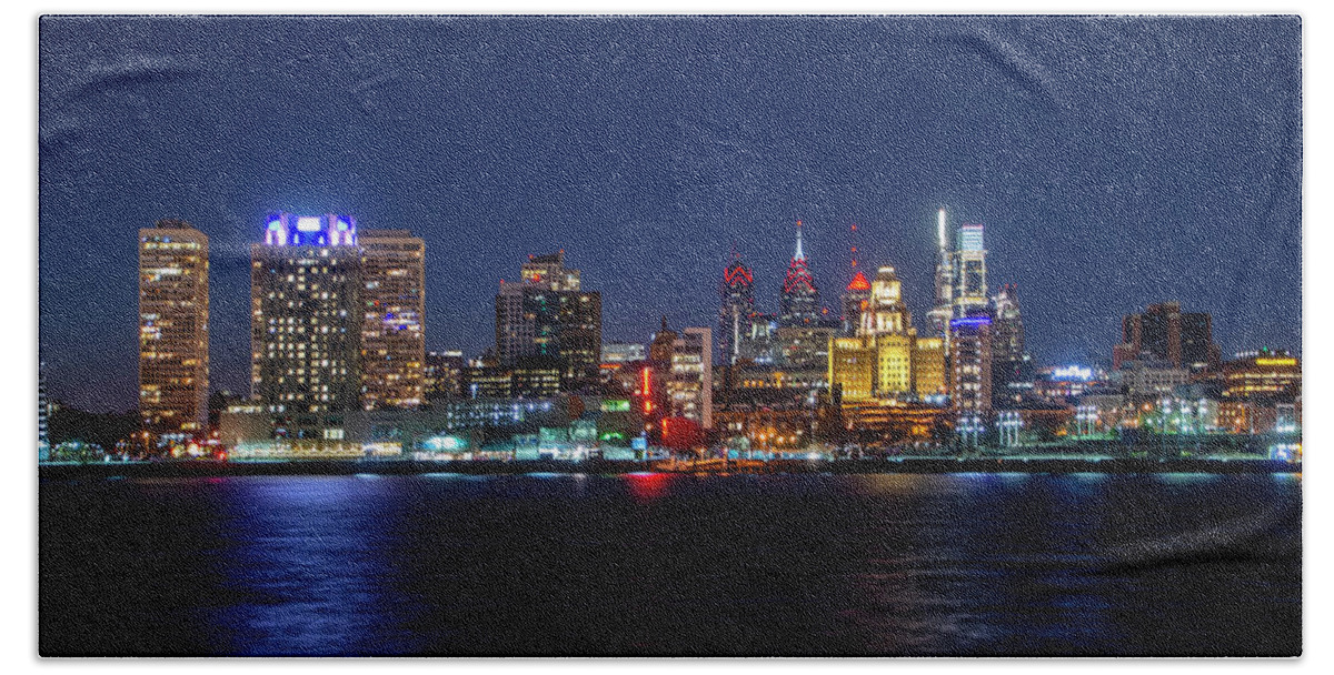 Skyline Beach Towel featuring the photograph Skyline at Night - Philadelphia Cityscape by Bill Cannon