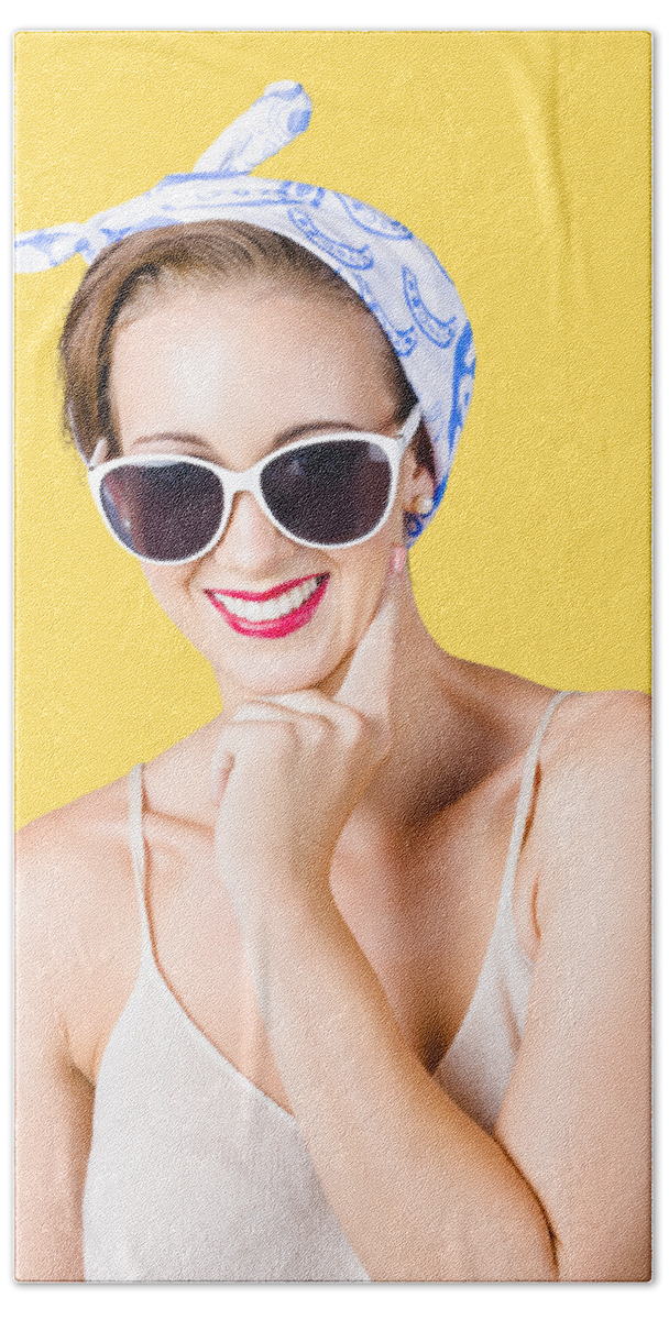 Pin-up Beach Towel featuring the photograph Smiling pin-up girl by Jorgo Photography