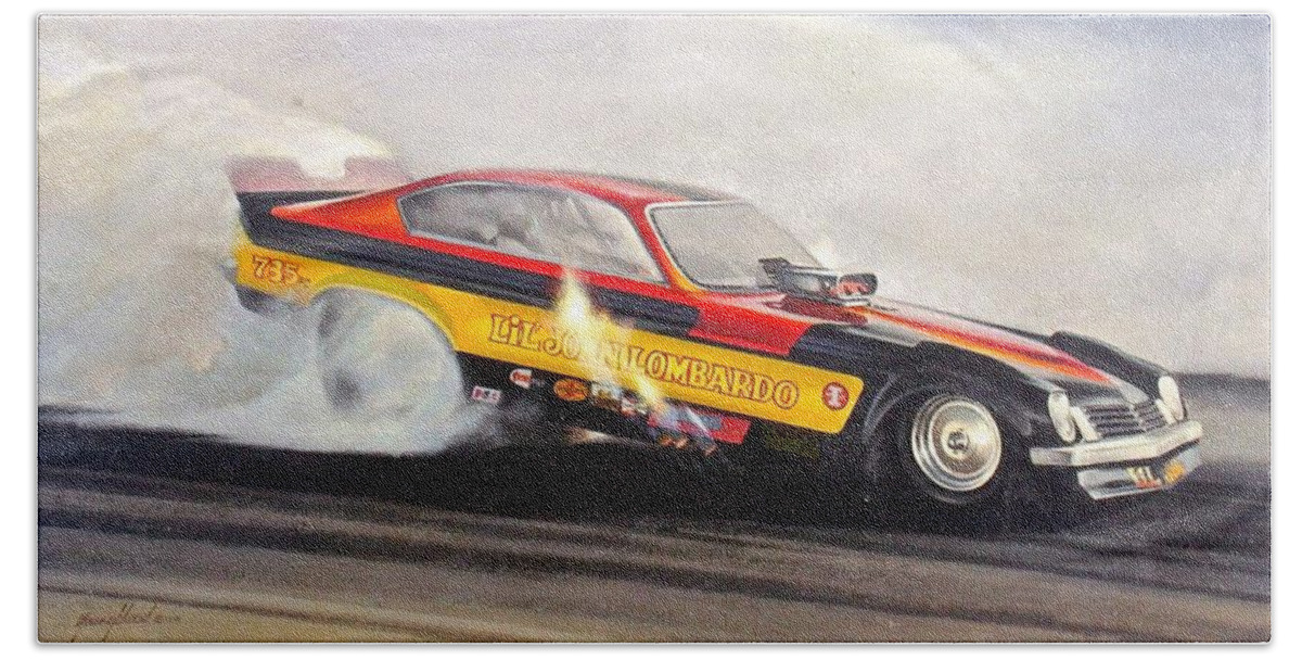 Kenny Youngblood Funny Car Nostalgia Drag Racing John Lombardo Nhra Beach Towel featuring the painting Smoked In by Kenny Youngblood