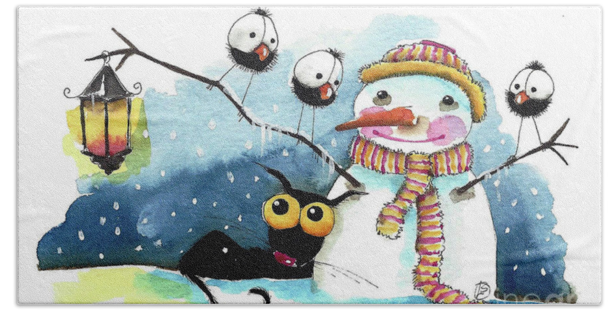 Winter Beach Towel featuring the painting Snowman has the light by Lucia Stewart