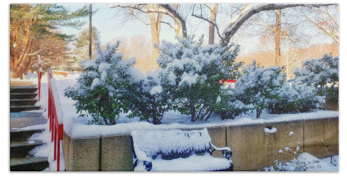 Snow Beach Towel featuring the photograph Snowy Bench by Mary Capriole