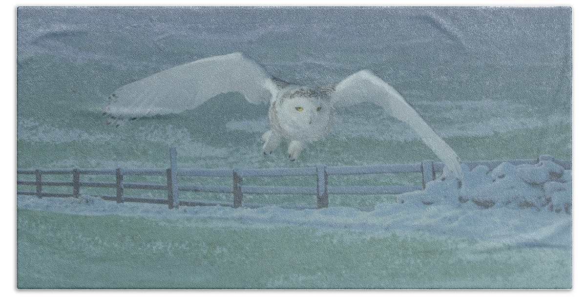 Bird Beach Towel featuring the digital art Snowy Owl Hunting by M Spadecaller