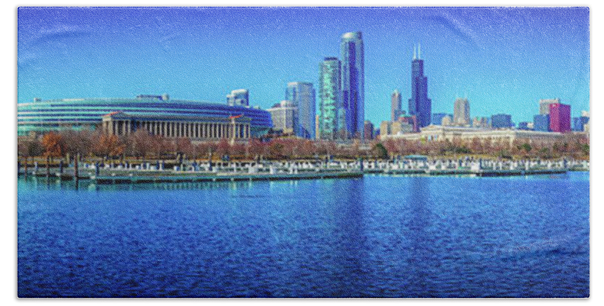 Chicago Beach Towel featuring the photograph Soldier Field And Chicago Watefront by Mountain Dreams