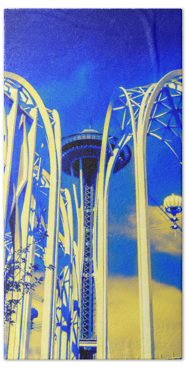 Space Needle Beach Towel featuring the photograph Space Needle Blue and Yellow by Cathy Anderson