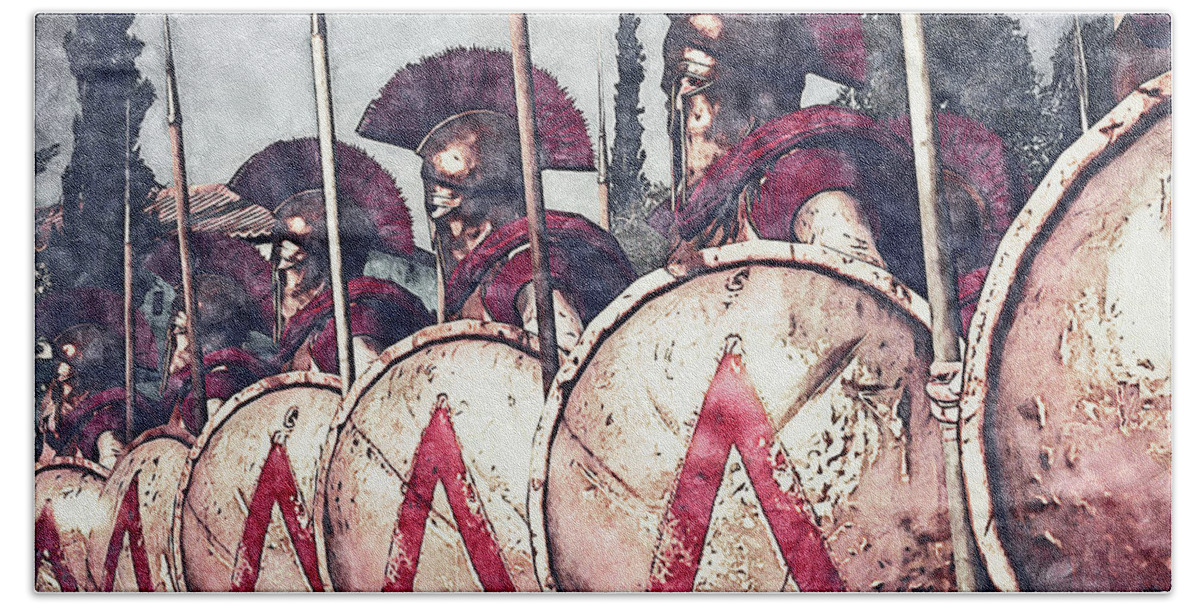 Spartan Warrior Beach Towel featuring the painting Spartan Army at War - 29 by AM FineArtPrints