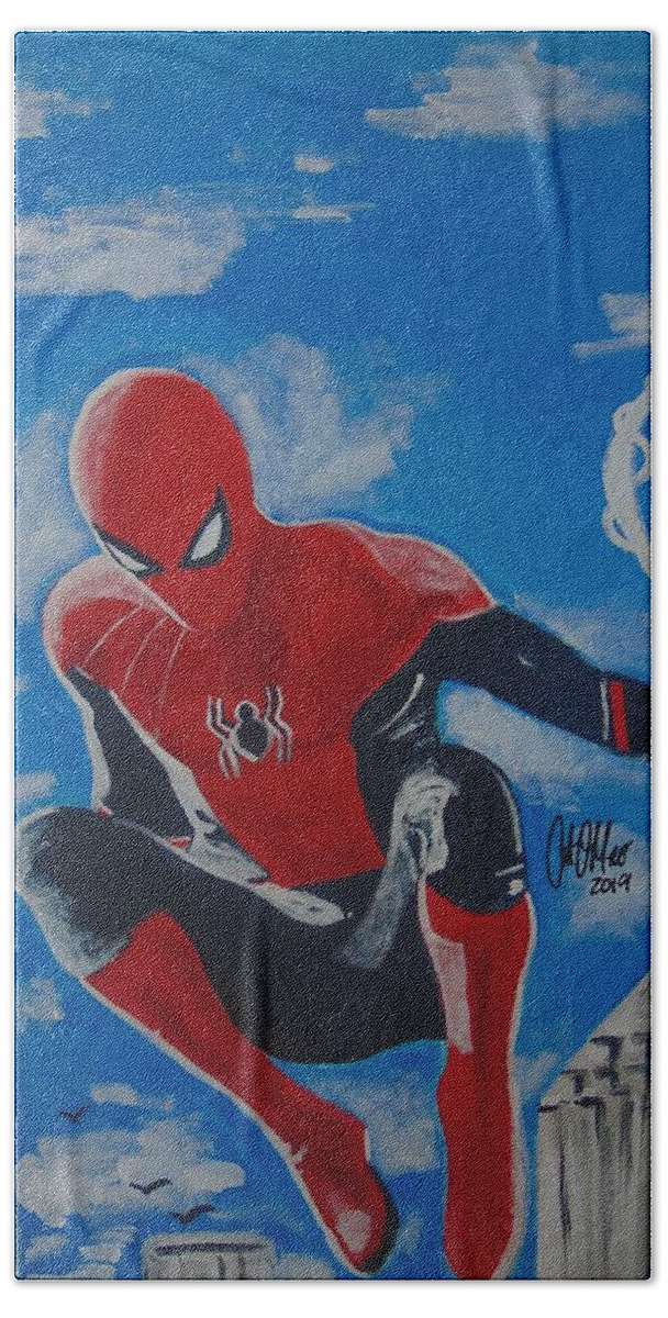 Marvel Beach Towel featuring the painting Spidey Swinging by Antonio Moore