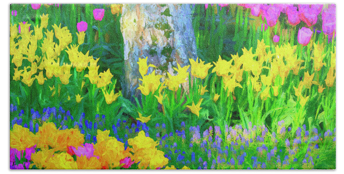 Fine Art Beach Towel featuring the mixed media Spring, When the Earth Laughs in Flowers by Greg Sigrist