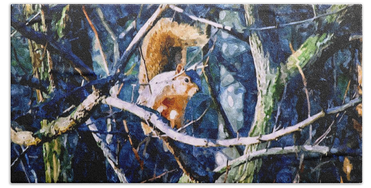 Squirrel Beach Towel featuring the mixed media Squirrel in the Trees by Christopher Reed