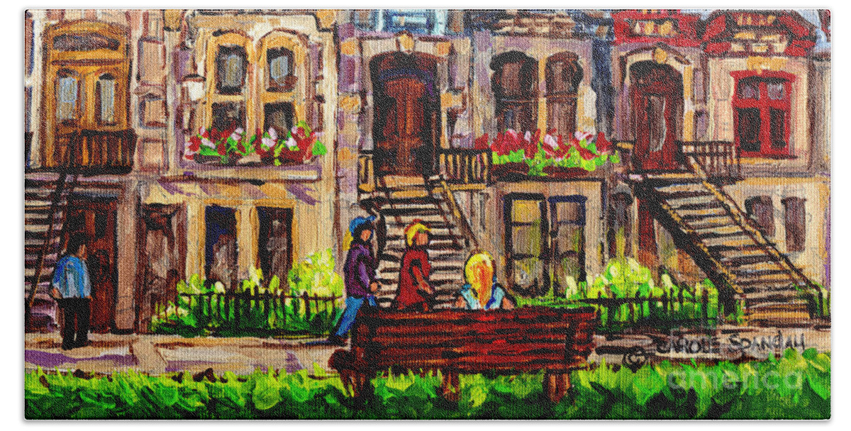 St.louis Square Beach Towel featuring the painting St Louis Square Park City Scene Painting Beautiful Rowhouses Blonde Girl On The Bench C Spandau Art by Carole Spandau