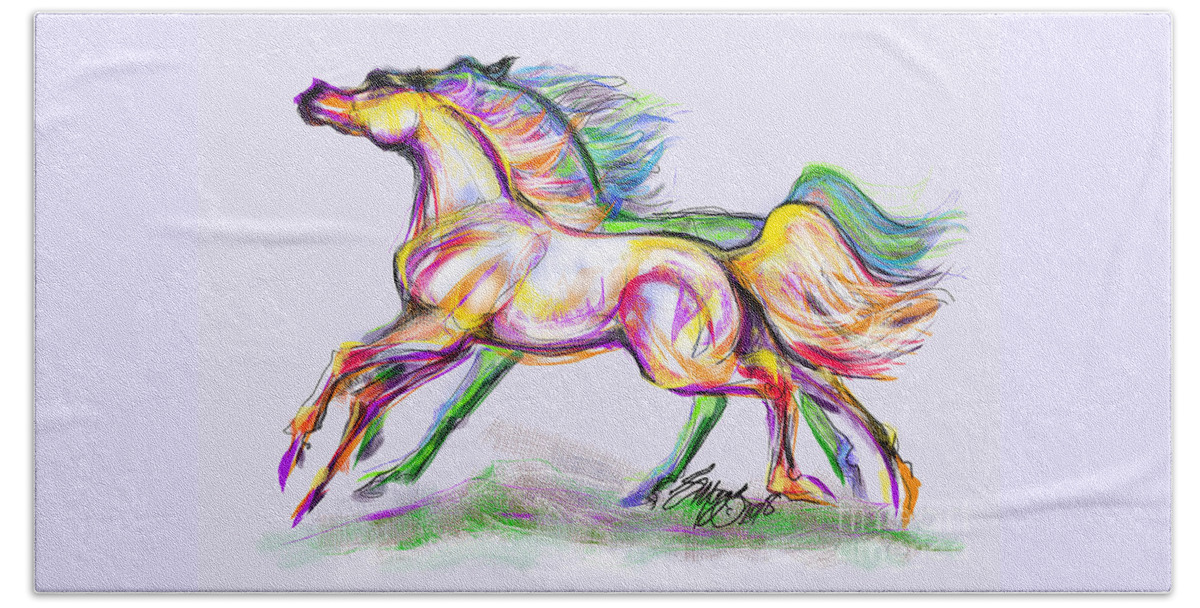 Equine Artist Stacey Mayer Beach Towel featuring the digital art Crayon Bright Horses by Stacey Mayer