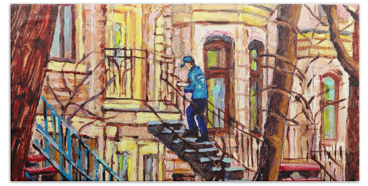 Montreal Beach Towel featuring the painting Staircase Street Scene Montreal Winding Staircases C Spandau The Mailman Plateau To Verdun Steps Art by Carole Spandau