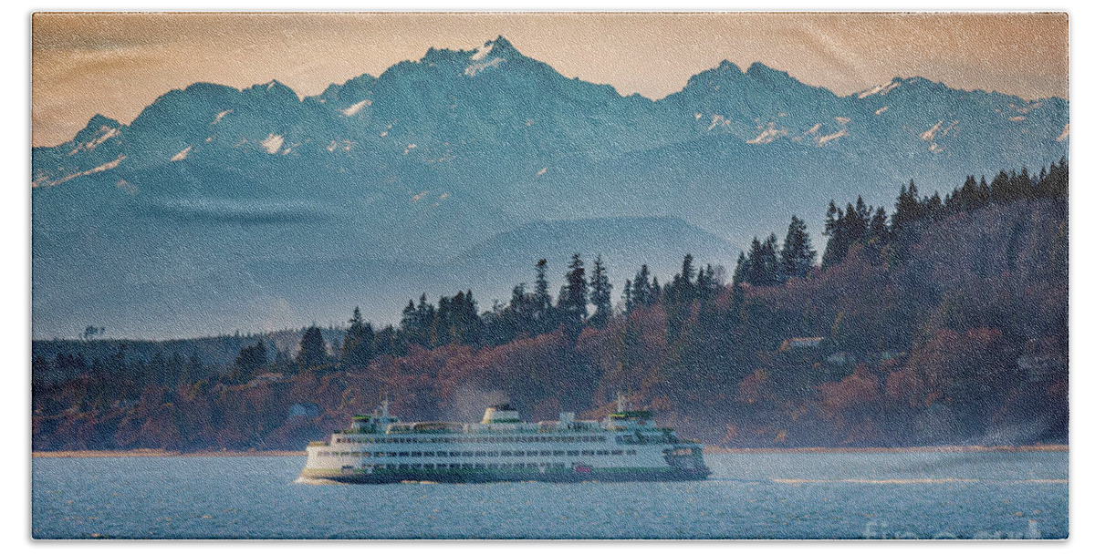 Seattle Beach Sheet featuring the photograph State Ferry and the Olympics by Inge Johnsson