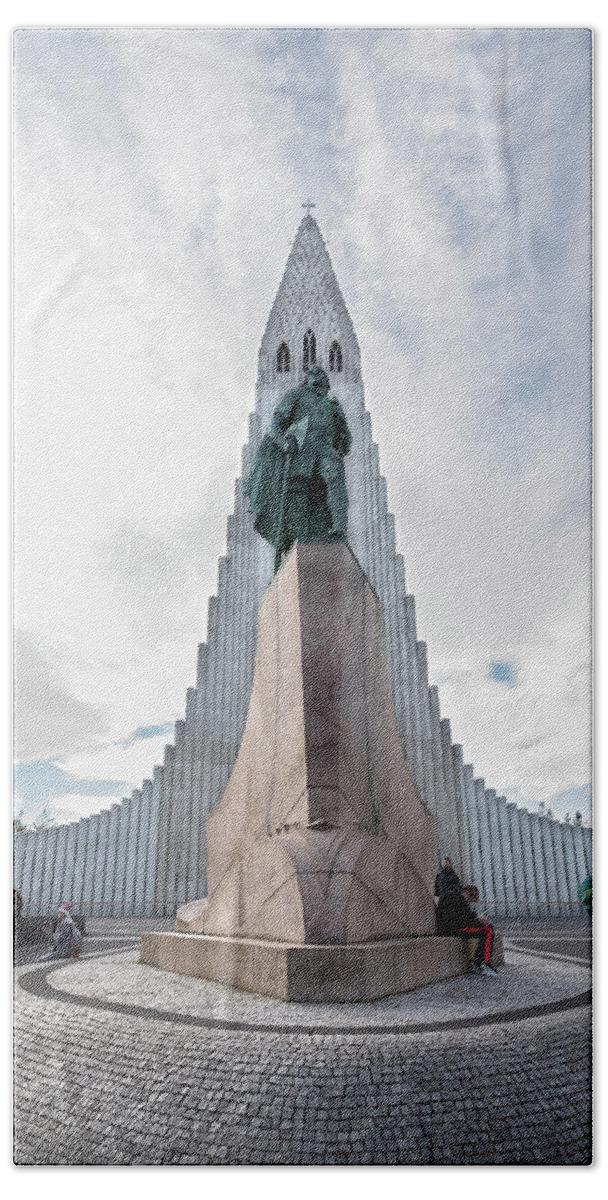 Iceland Beach Towel featuring the photograph Statue of explorer Leif Erikson and Hallgrimskirkja in Reykjavik by RicardMN Photography
