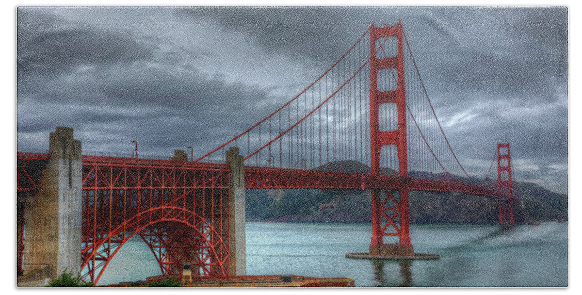 Landscape Beach Towel featuring the photograph Stormy Golden Gate Bridge by Harry B Brown