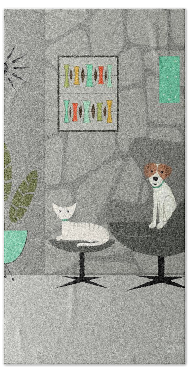 Mid Century Modern Beach Towel featuring the digital art Stone Wall with Dog and Cat by Donna Mibus