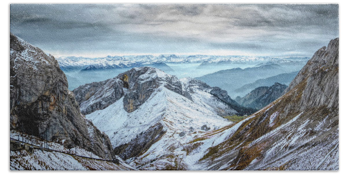 Mountains Beach Towel featuring the photograph Stormy Mountains Panorama, Mount Pilatus, Switzerland by Rick Deacon