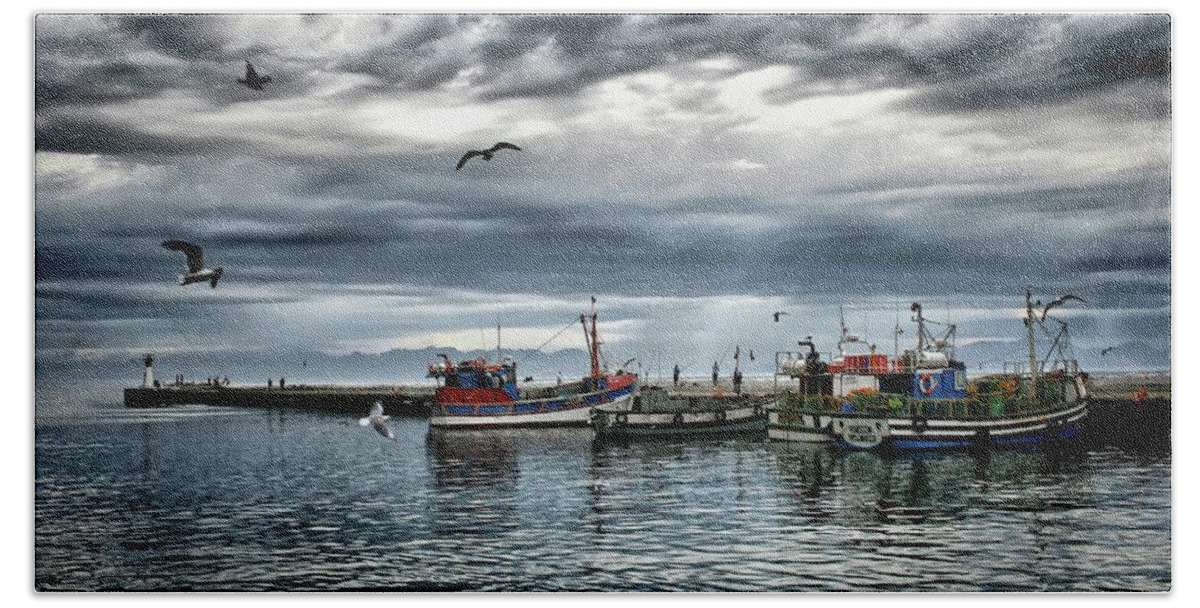 Kalk Bay Harbour; Kalk Bay; Ocean; Sea; Boats; Fishing; Water; Fish; Jetty Art; Stunning; Photos; Pics; Jetty; Cape Town; Colour; Colourful; Andrew Hewett; Artistic; Artwork; Prints; Interior; Quality; Inspirational; Fishing Boats; Decorative; Images; Creative; Beautiful; Exhibition; Lovely; Seascapes; Awesome; Boat; Fishing Boats; Wonderful; Light; Harbour Photography; Harbor; Decor; Interiors; Andrew Hewett; Water; Https://waterlove.co.za/; Https://hewetttinsite.co.za/ Beach Towel featuring the photograph Stormy Skies by Andrew Hewett